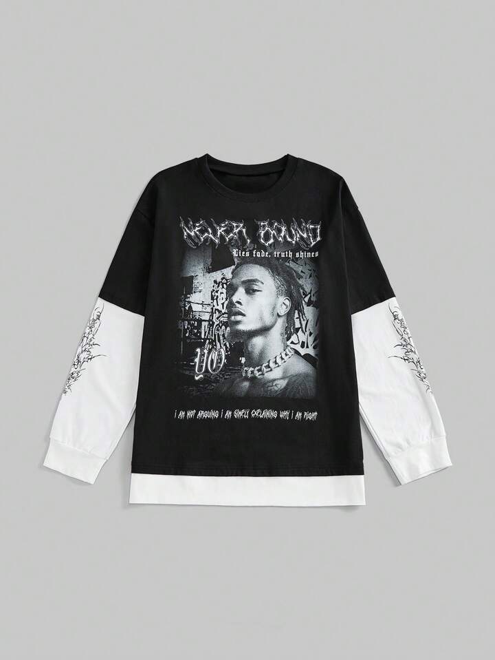 Grunge Punk Retro Street Style Black People Slogan Print Contrast Color 2 In 1 Loose Long Sleeve T-Shirt, Unisex