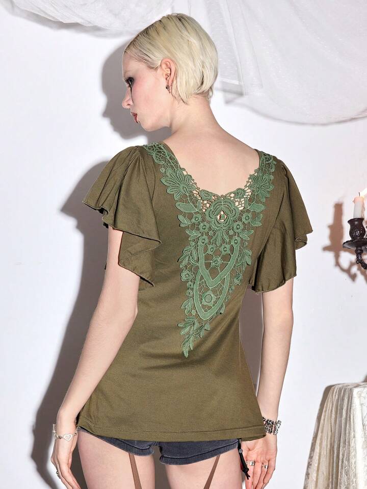Fairycore Vintage Loose Fit Lace Trim Batwing Sleeve Women T-Shirt