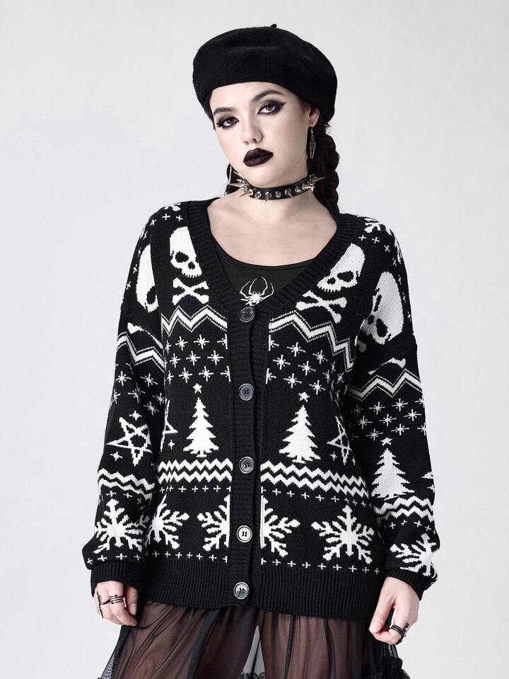 Gothic Dark Christmas Tree Skull Loose Knit Cardigan