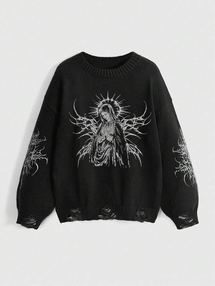 Grunge Punk Women's Punk Vintage Virgin Mary & Thorn Print Distressed Crew Neck All-Match Pullover Sweater