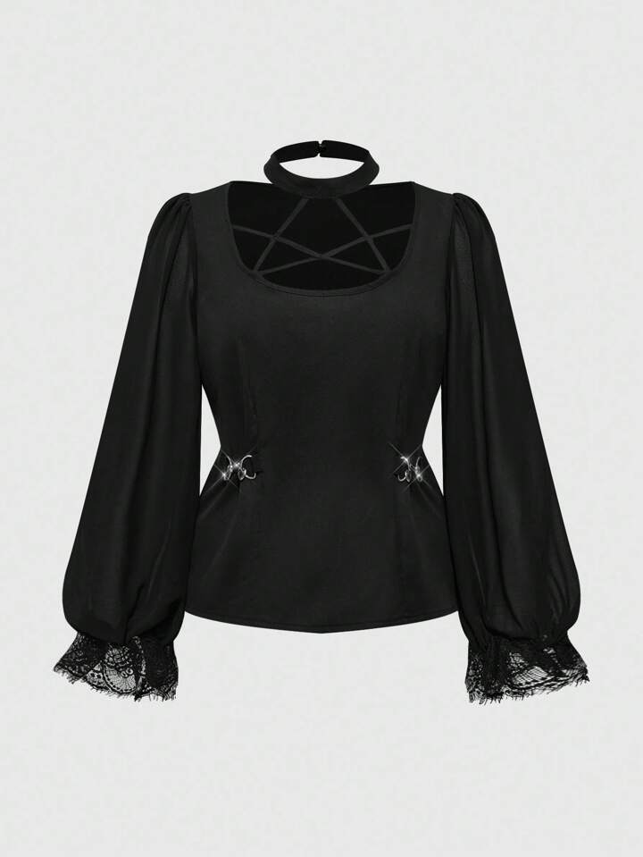 Plus Size Women Gothic Star Strap Hollow Chiffon Lace Patchwork Black Puff Sleeve Fitted Blouse, Halloween