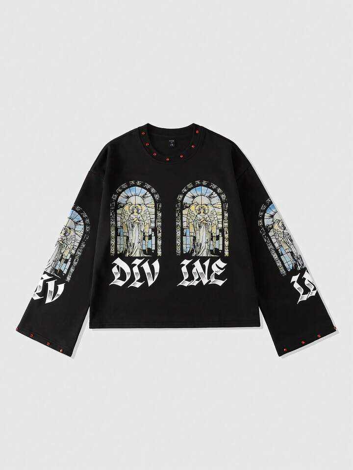 Goth Men's Glitter Religious Diamond Print Long Sleeve T-Shirt, Loose Cropped Fit