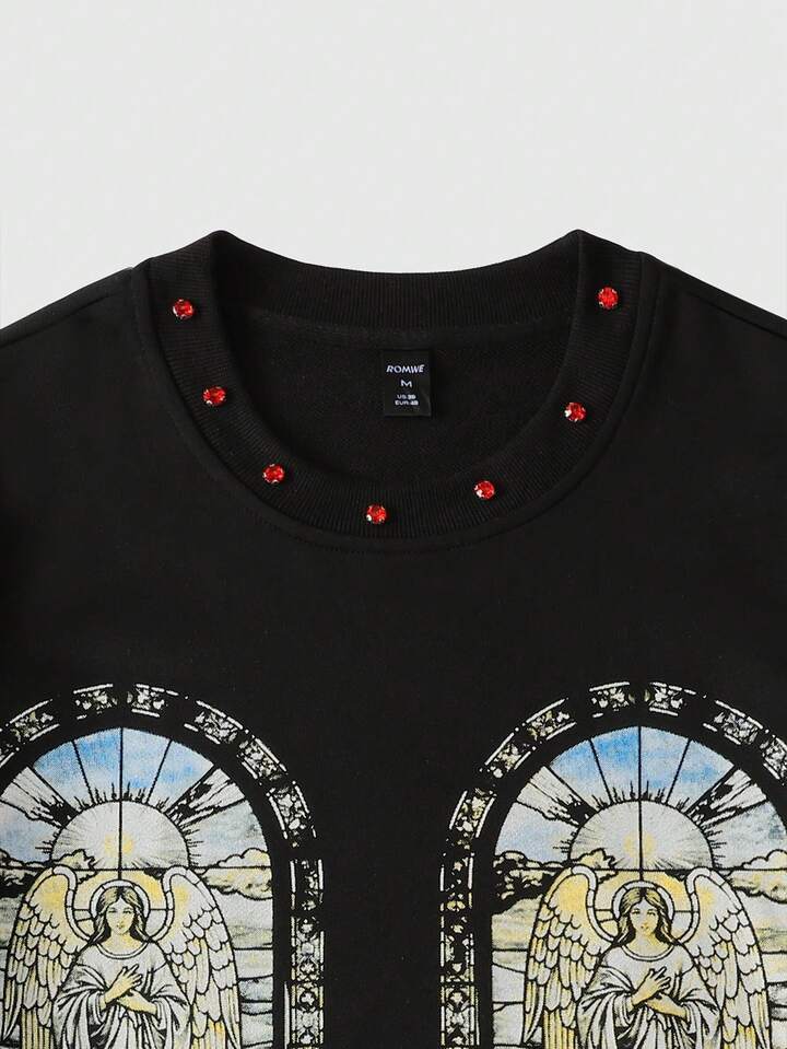 Goth Men's Glitter Religious Diamond Print Long Sleeve T-Shirt, Loose Cropped Fit 2 Goth Men's Glitter Religious Diamond Print Long Sleeve T-Shirt, Loose Cropped Fit