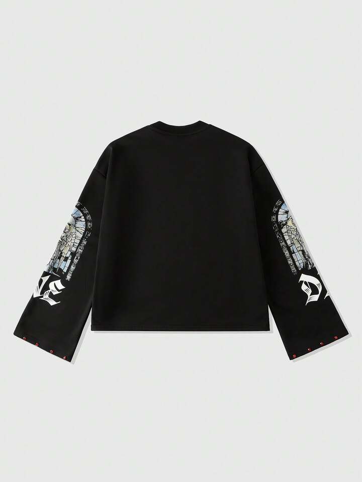 Goth Men's Glitter Religious Diamond Print Long Sleeve T-Shirt, Loose Cropped Fit 3 Goth Men's Glitter Religious Diamond Print Long Sleeve T-Shirt, Loose Cropped Fit