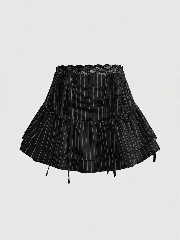 Academia Sweet Preppy Style Waist Drawstring Pleated Lace Trim Women Mini Skirt (With Underpants)