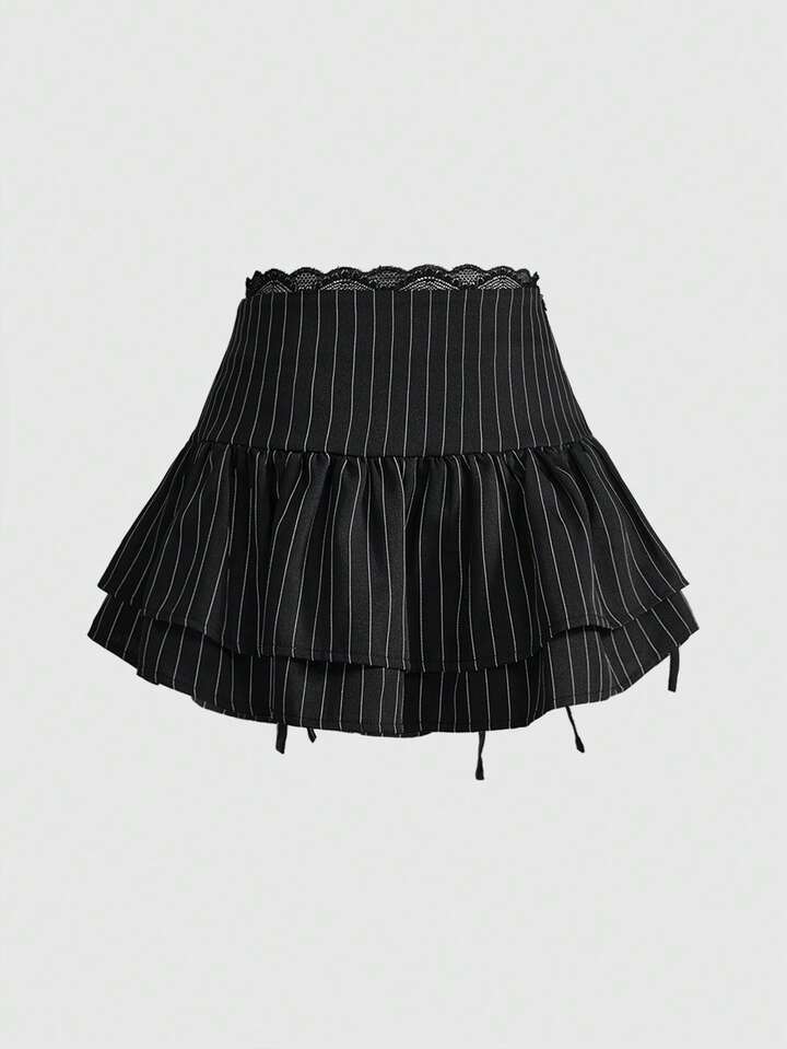 Academia Sweet Preppy Style Waist Drawstring Pleated Lace Trim Women Mini Skirt (With Underpants)