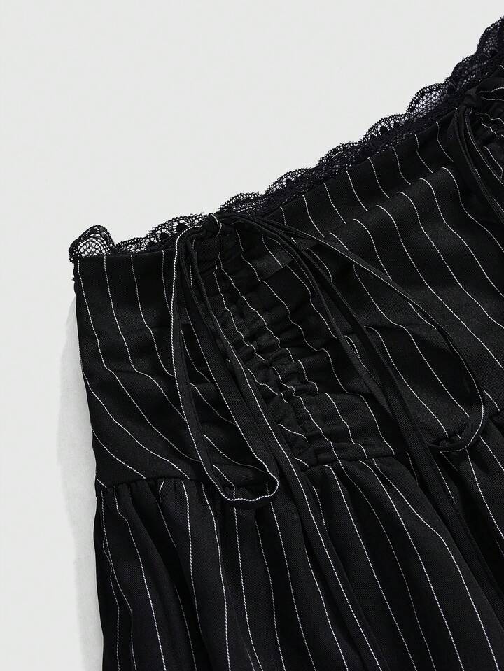 Academia Sweet Preppy Style Waist Drawstring Pleated Lace Trim Women Mini Skirt (With Underpants)