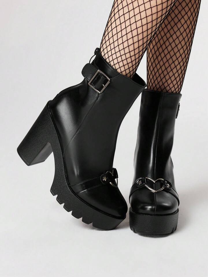 Kawaii Women's Gothic Style Round Toe Buckle Decor Platform Chunky Heel Punk Boots, PU Leather Black High Heel Boots Suitable For Party, Daily Wear, Evening Dress, Height Increasing And Leg Lengthening, Halloween
