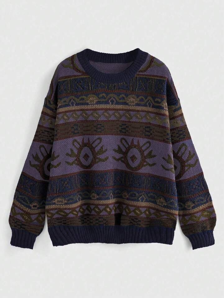 Fairycore Women Plus Size Geometric Pattern Round Neck Drop Shoulder Long Sleeve Casual Sweater For Autumn And Winter