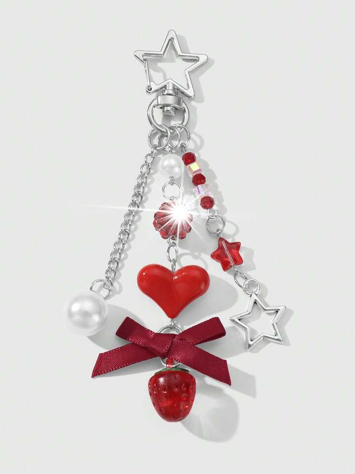 Kawaii 1pc Ins Style Delicate Minimalist Hollow Star Bow Faux Pearl Strawberry Resin Pendant Keychain, Versatile For Girls Ladies Everyday Wear, Ideal Gift