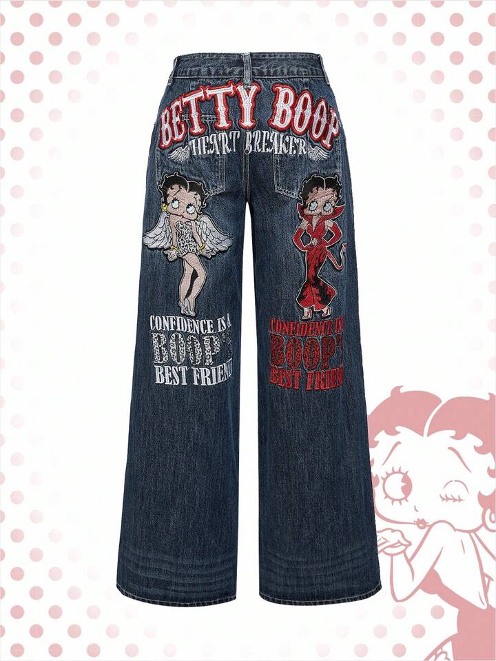 Betty Boop | ROMWE Plus Size Y2K Retro Streetwear Betty Angel Embroidery Loose Fit Jeans