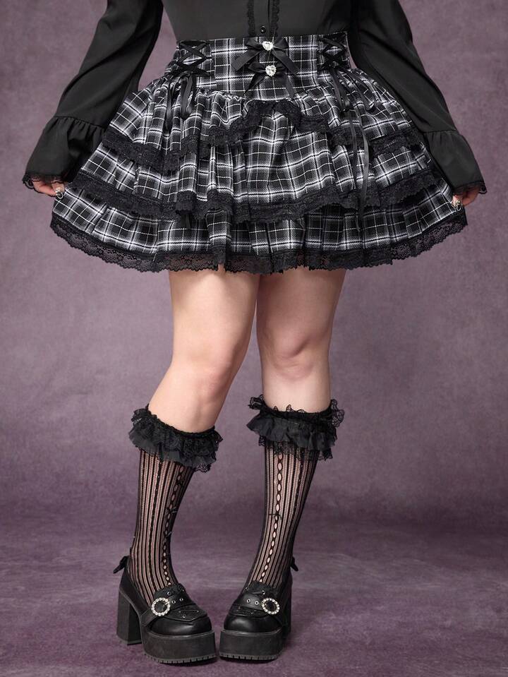 EDITION Plus Size Plaid Bow Decor Lace Patchwork Skirt