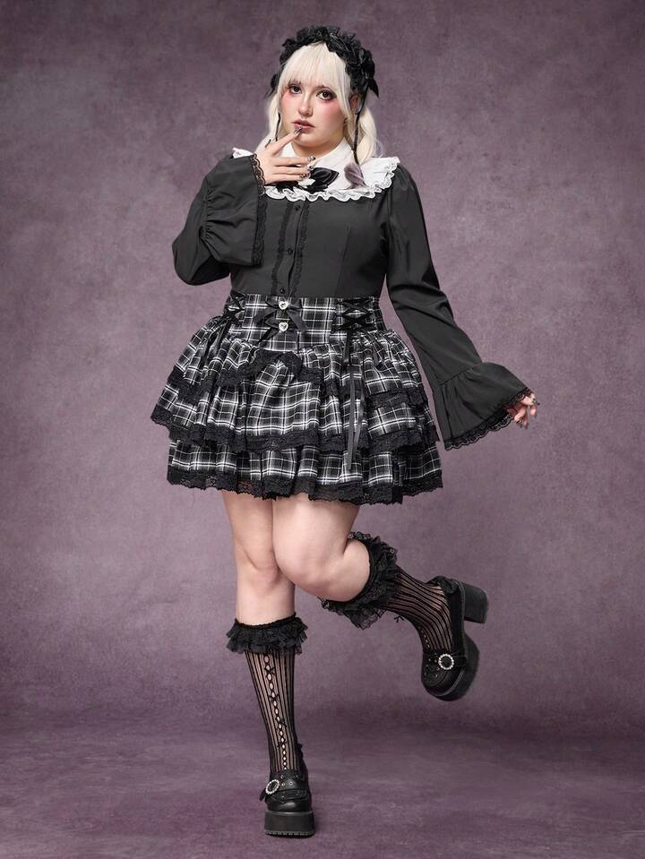 EDITION Plus Size Plaid Bow Decor Lace Patchwork Skirt