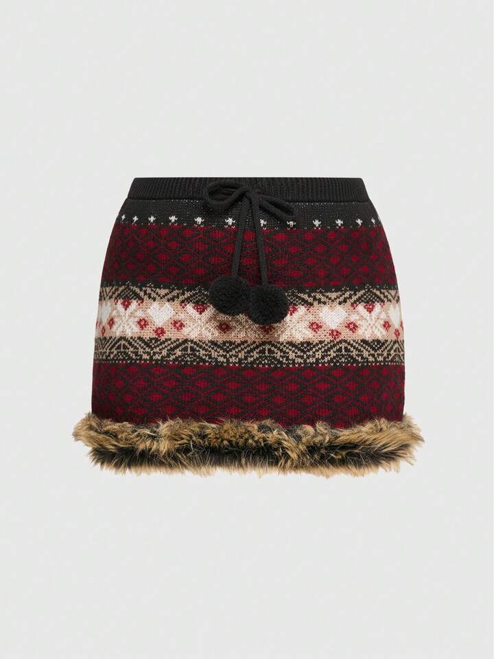ROMWE Avant Plus Size Y2K Snowfield Fair Isle Jacquard Low Waist Women Sweater Skirt, Autumn/Winter
