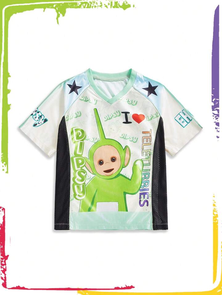 Teletubbies X ROMWE Women's Casual Colorblock V-Neck Dipsy Pattern Loose T-Shirt Top, Summer
