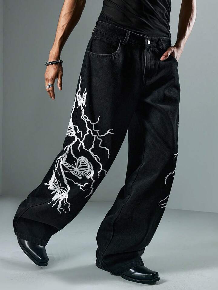 Anime Men's Dark Lightning Butterfly Embroidery Denim Jeans