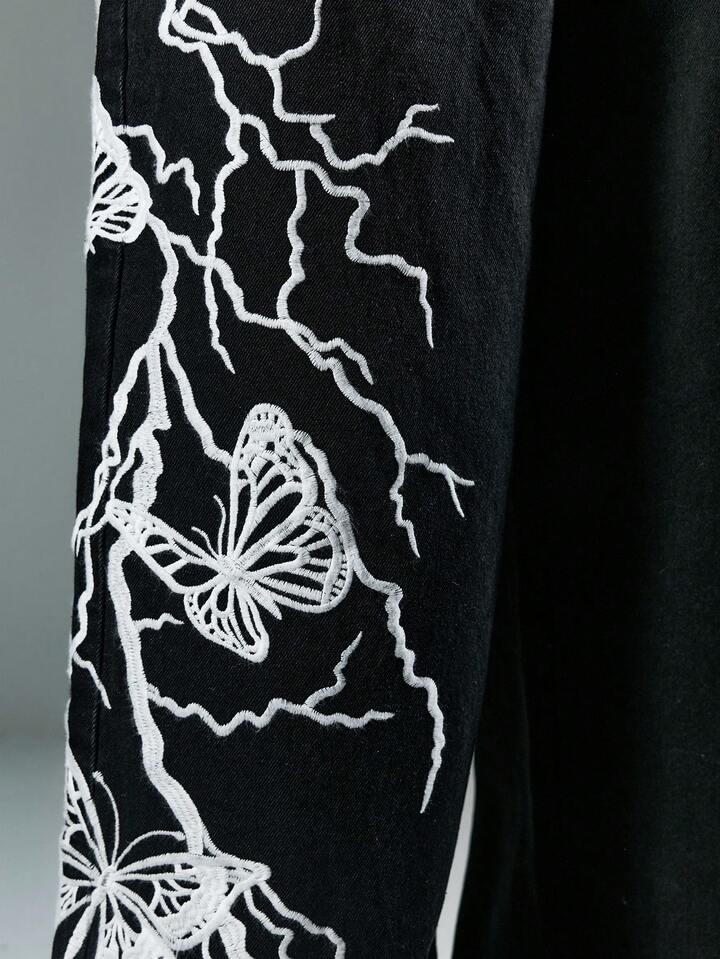Anime Men's Dark Lightning Butterfly Embroidery Denim Jeans