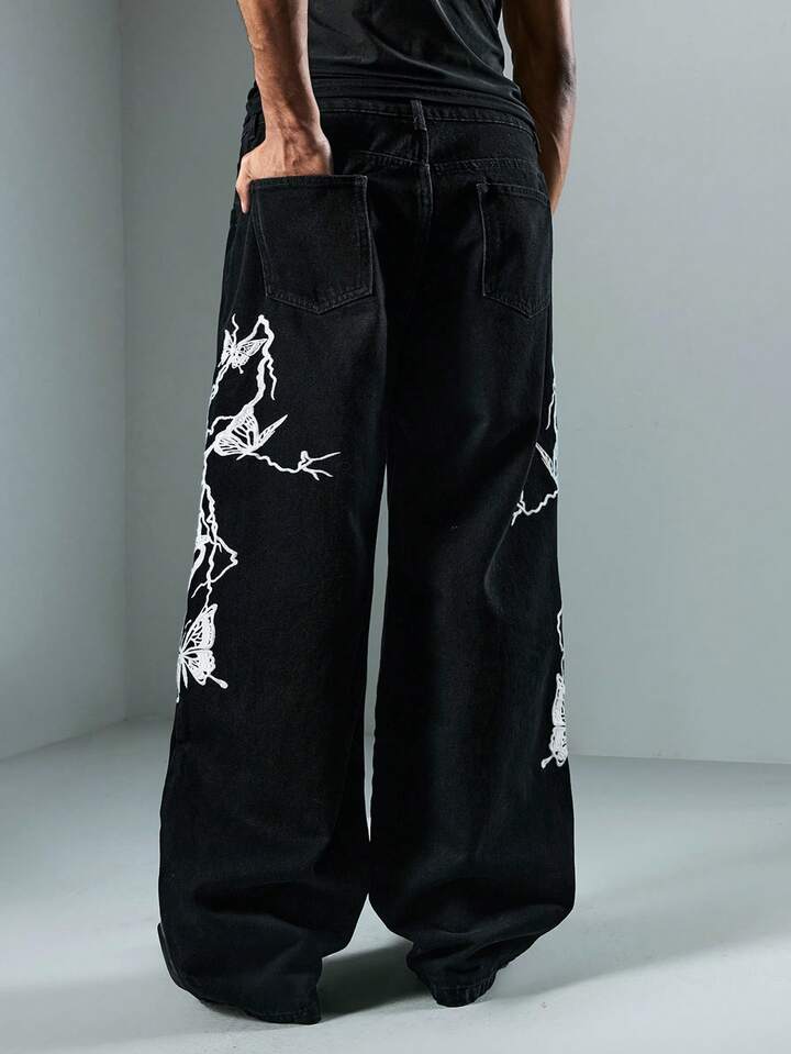 Anime Men's Dark Lightning Butterfly Embroidery Denim Jeans