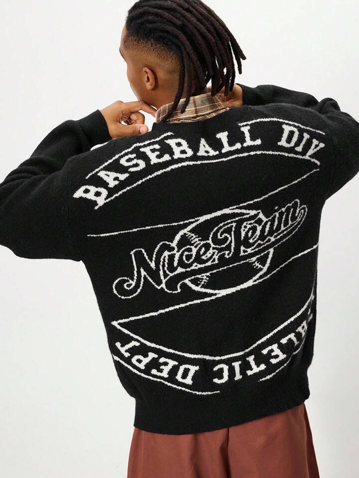 Prep Men's Graffiti Slogan Jacquard Knit Pullover Sweater, Street Fashion