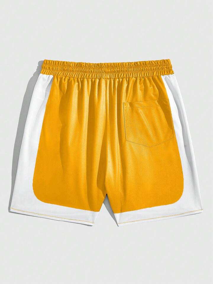 Prep Men's Contrast Color Patchwork Letter Print Shorts, Suitable For Summer