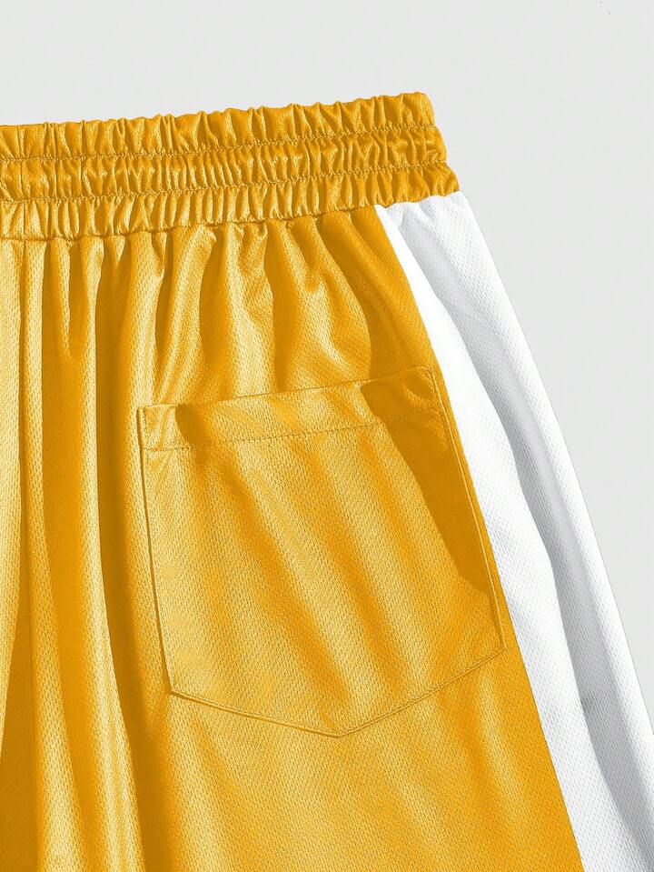 Prep Men's Contrast Color Patchwork Letter Print Shorts, Suitable For Summer