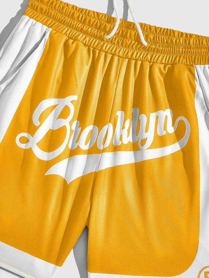Prep Men's Contrast Color Patchwork Letter Print Shorts, Suitable For Summer