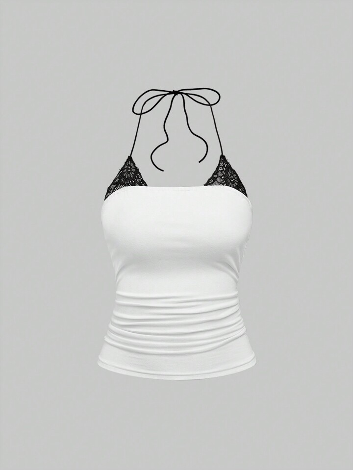 Fairycore Women's Basic Lace Trim Halter Ruched Tank Top