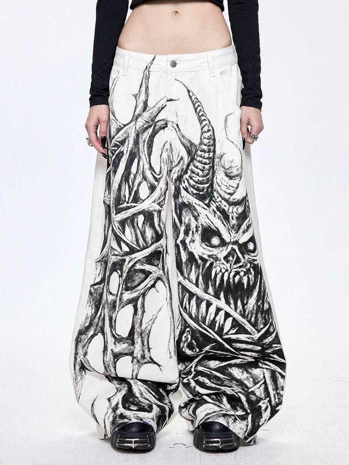 Grunge Punk Dark Print Low Waist Wide Leg Jeans