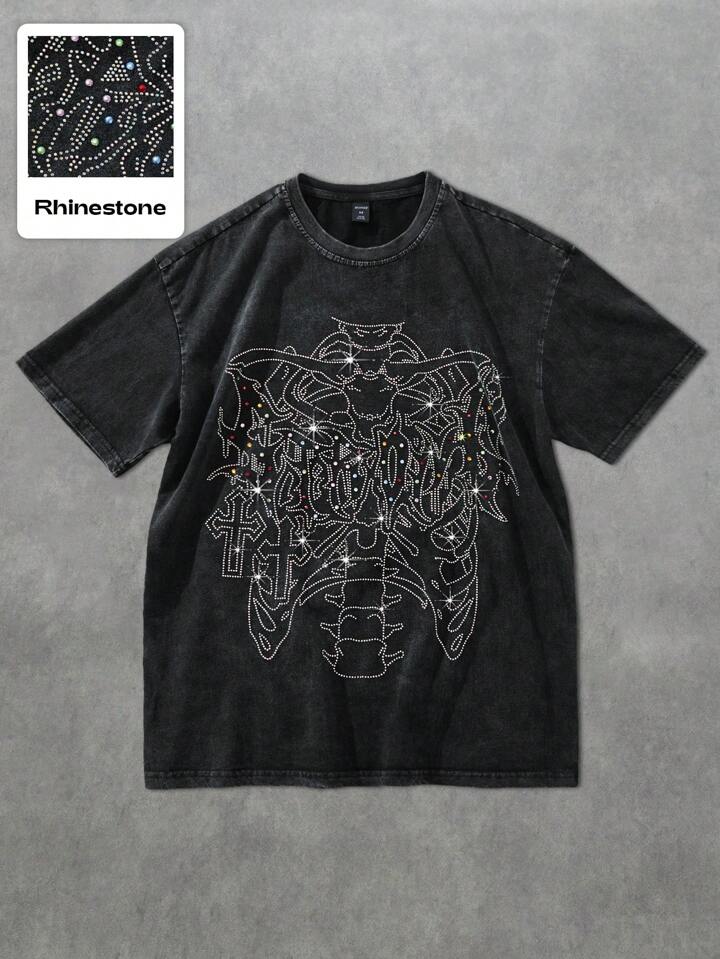 Street Life Grunge Y2K Skull Rhinestone Acid-Washed Short Sleeve T-Shirt For Men, Rave