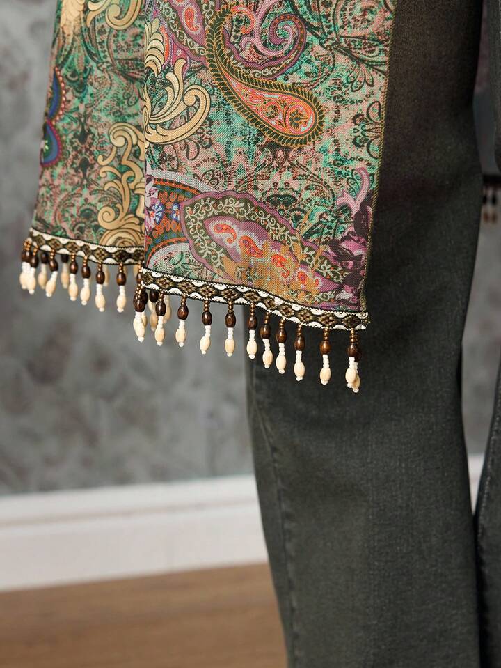 Plus Size Retro Hippie Music Festival Transparent Wooden Bead Tassel Hem Paisley Print Bohemian Maxi Cardigan 2 Plus Size Retro Hippie Music Festival Transparent Wooden Bead Tassel Hem Paisley Print Bohemian Maxi Cardigan