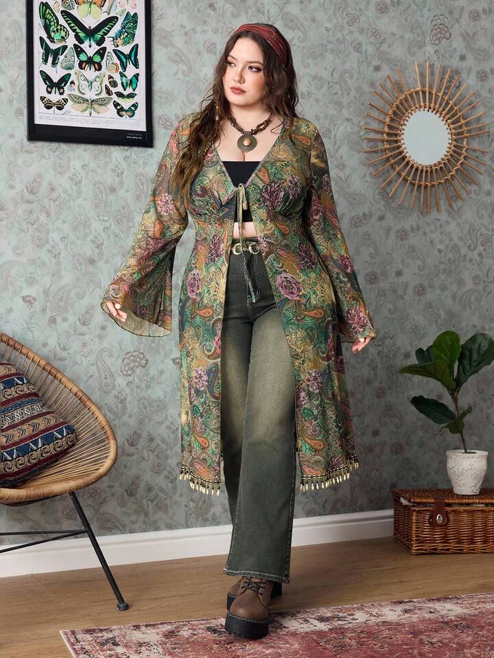 Plus Size Retro Hippie Music Festival Transparent Wooden Bead Tassel Hem Paisley Print Bohemian Maxi Cardigan 3 Plus Size Retro Hippie Music Festival Transparent Wooden Bead Tassel Hem Paisley Print Bohemian Maxi Cardigan