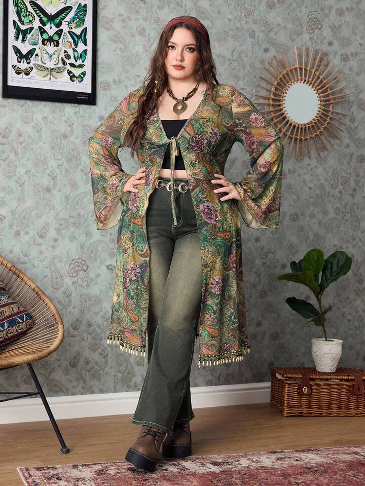Plus Size Retro Hippie Music Festival Transparent Wooden Bead Tassel Hem Paisley Print Bohemian Maxi Cardigan 4 Plus Size Retro Hippie Music Festival Transparent Wooden Bead Tassel Hem Paisley Print Bohemian Maxi Cardigan