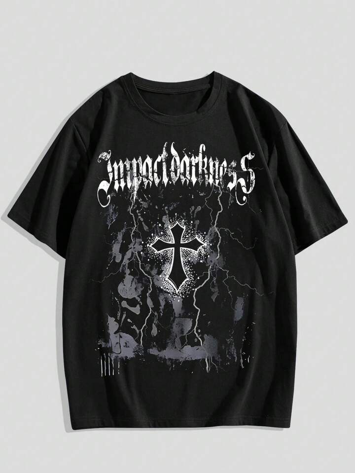 Goth Men Cross Letter Graphic Tee For Halloween, School, 2000s Style