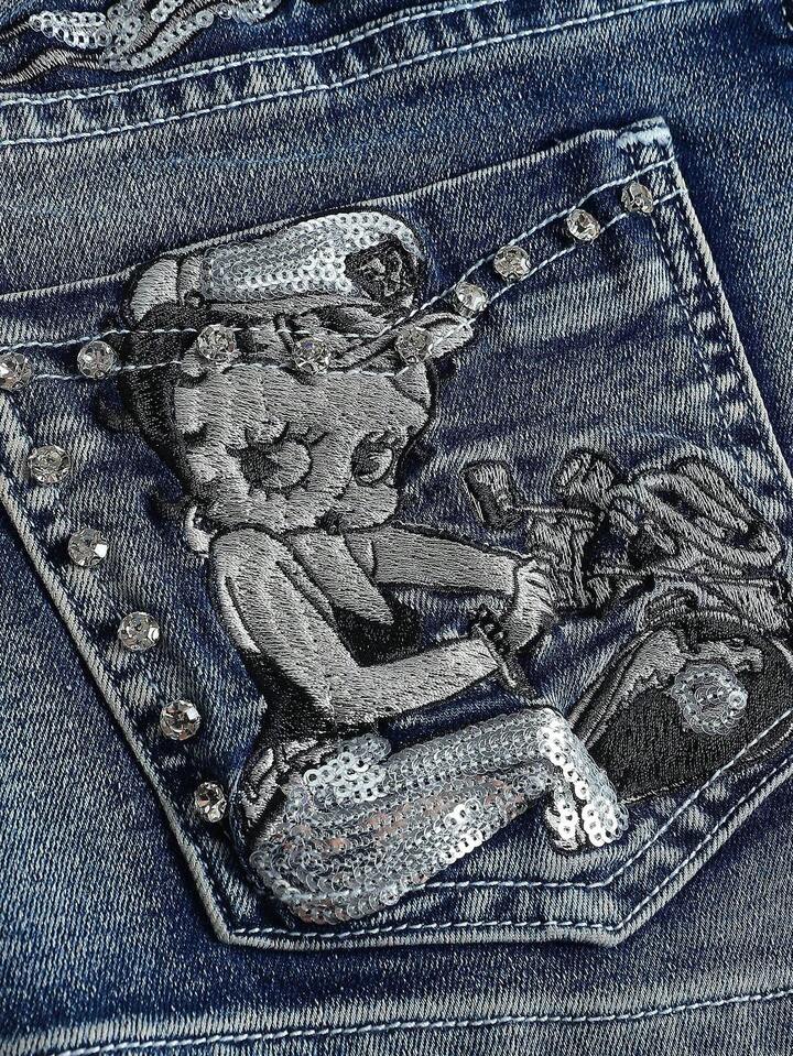 Betty Boop | ROMWE Vintage Millennium Punk Super Low Waist Super Short Embroidered Pistol Women's Denim Shorts 4 Betty Boop | ROMWE Vintage Millennium Punk Super Low Waist Super Short Embroidered Pistol Women's Denim Shorts