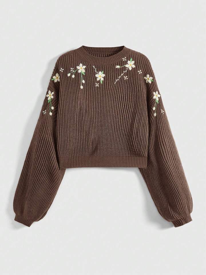 Fairycore Plus Size Women Casual Vacation Style Floral Embroidery Drop Shoulder Loose Lantern Sleeve Cropped Pullover Sweater, Autumn/Winter