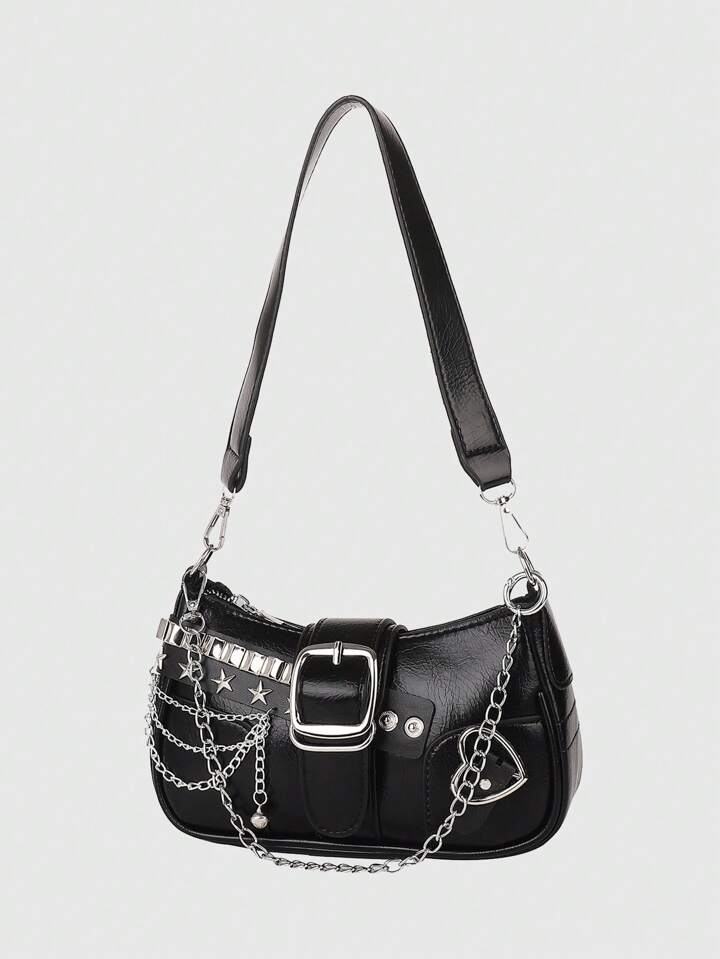 Kawaii New Stylish Women Crossbody Bag With Chain Decor, Punk Rock Style Shoulder Bag, Cute Girly Dark Color , Goth 5 Kawaii New Stylish Women Crossbody Bag With Chain Decor, Punk Rock Style Shoulder Bag, Cute Girly Dark Color , Goth
