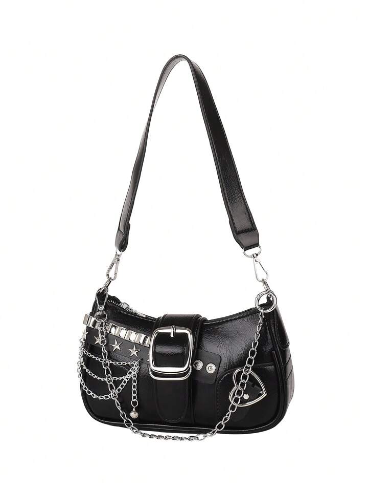 Kawaii New Stylish Women Crossbody Bag With Chain Decor, Punk Rock Style Shoulder Bag, Cute Girly Dark Color , Goth 6 Kawaii New Stylish Women Crossbody Bag With Chain Decor, Punk Rock Style Shoulder Bag, Cute Girly Dark Color , Goth