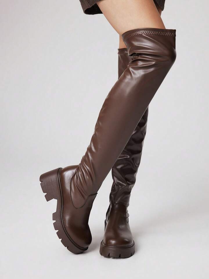 Women's Thick Sole Chunky Heel Fashionable Versatile Over-The-Knee Boots For Christmas