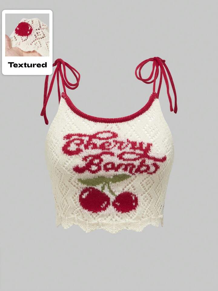 Kawaii Summer Y2K Cherry Letter Pattern Hollow Crochet Knitted Tank Top, School