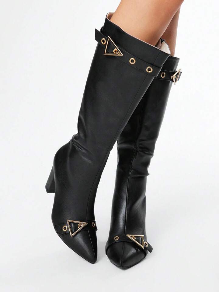 Grunge Punk Women's High Heel Boots, Versatile Elegant Pointed Toe Fashion PU Thick Heel Boots, Autumn/Winter