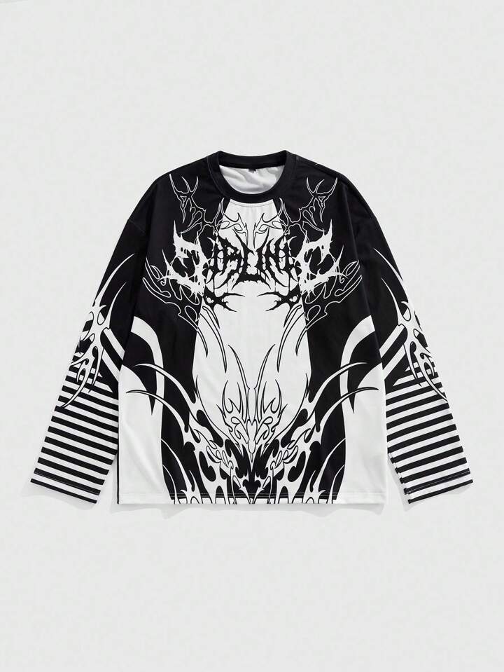 Anime Men's Fashion Dark Print Contrast Stripe Long Sleeve T-Shirt, Emo, 2000s Style