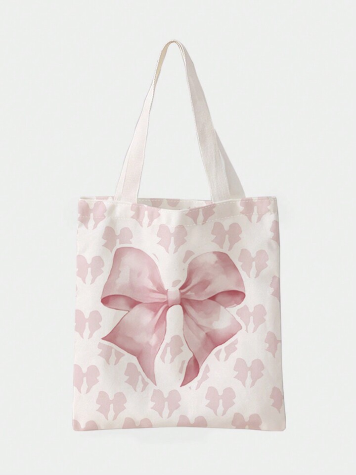 Kawaii Lovely Pink Bowknot Print Double-Sided Shoulder Canvas Bag Valentines, Cute Bow Bag For Women