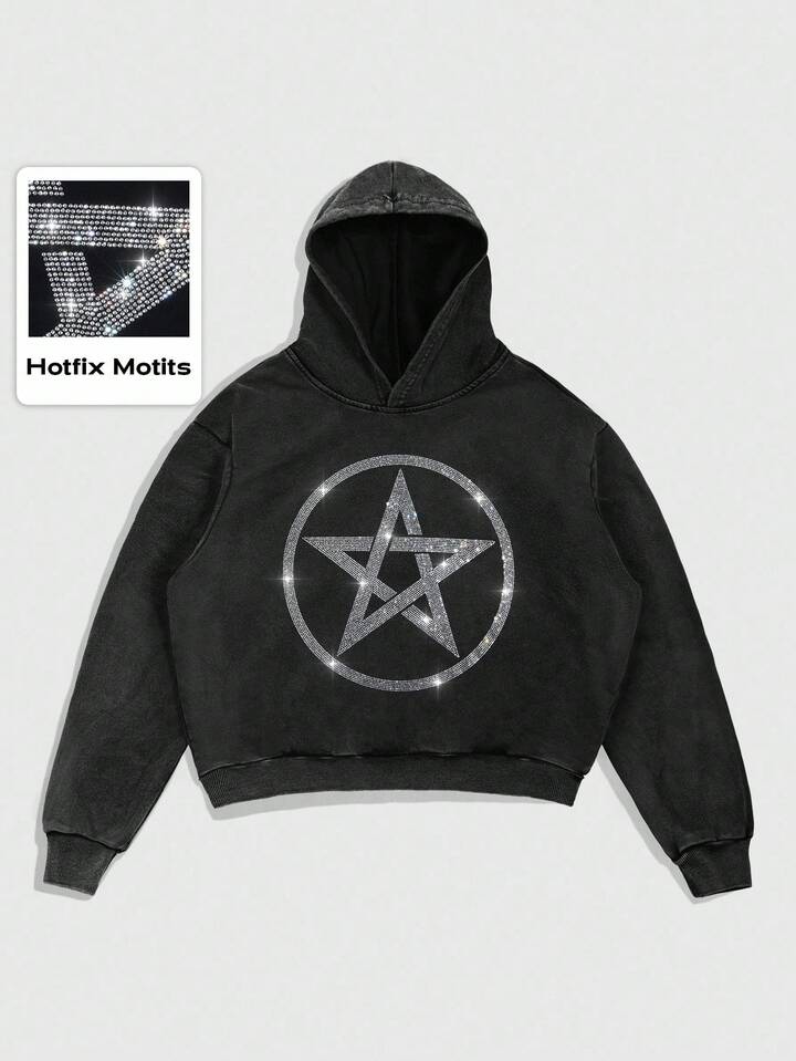 Street Life Men's Rhinestone Star Print Long Sleeve Casual Fluffy Hooded Sweatshirt
