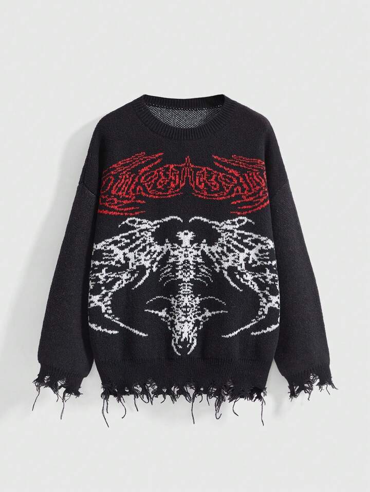 Grunge Punk Plus Size Punk Dark Skeleton Wing Loose Fit Long Knitted Pullover/Winter
