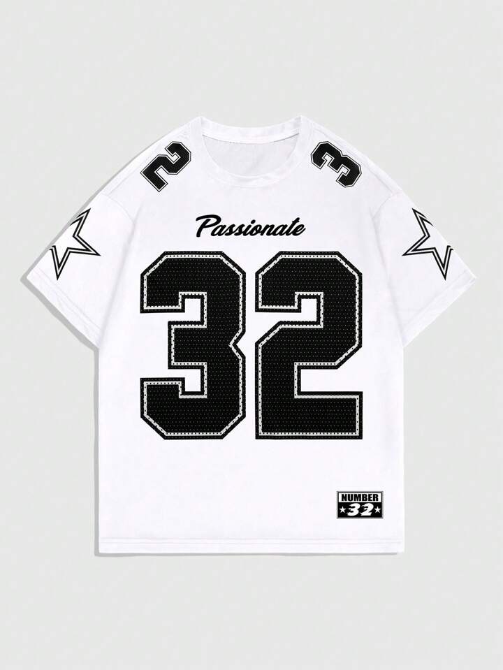 Prep Men's Summer Casual Letter Print Crew Neck Short Sleeve Football Jersey Style T-Shirt ,Graphic Tee