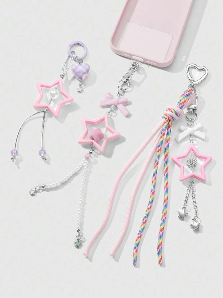 Kawaii 3pcs Sweet Girl Style Handmade Beaded Keychain Set, Fashion Chic Pink Hollow Star, White Faux Pearl, Bow, Grid, Heart Leather Rope DIY Accessories, Perfect Gift For Sisters, Best Friends, Daily Use, Holidays