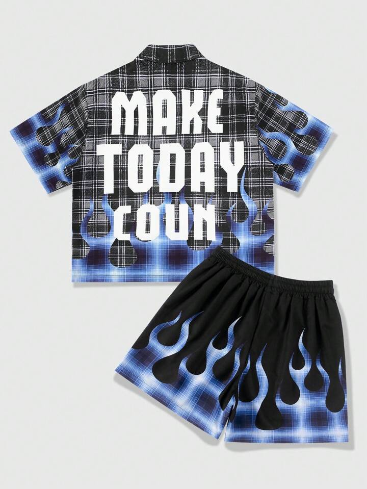Street Life Men's Summer Street Slogan Number Check Print Short Sleeve Shirt And Shorts Set