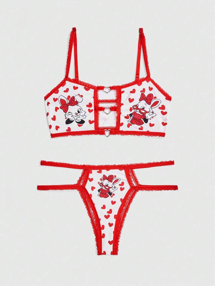 Kawaii Valentine's Day Women's Sweet & Innocent Heart Rabbit Heart Metal Buckle Cute Lingerie Set