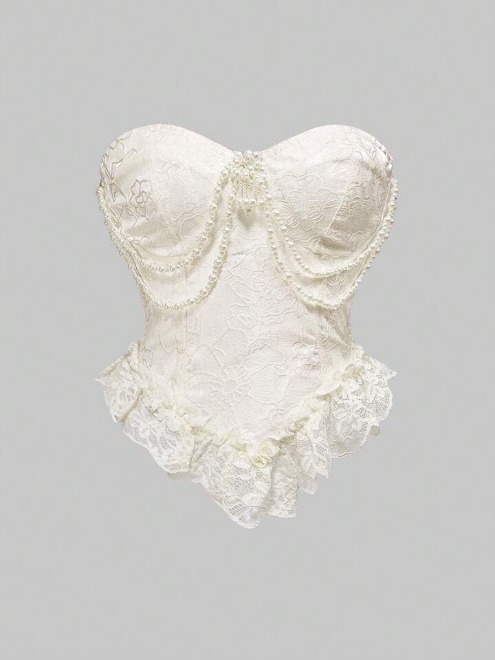 Kawaii Renaissance Vintage Palace Style Lace Satin Pearl Brooch Decor Blouse For Women, Apricot Color