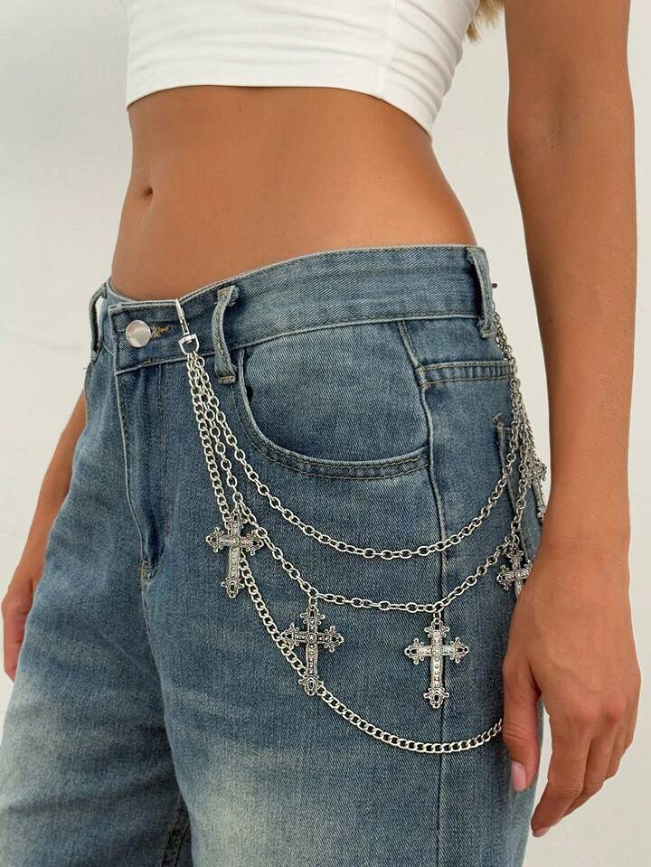 Goth 1pc Punk Style Cross Chain Waist Belt, Multi-Layer Iron Alloy Chain Body Chain, Women Personalized Charm Pants Chain, For Pants Decoration, Casual, Music Festival, Party Accessory